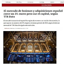 El mercado de fusiones y adquisiciones espaol crece un 3% enero pero cae el capital, segn TTR Data